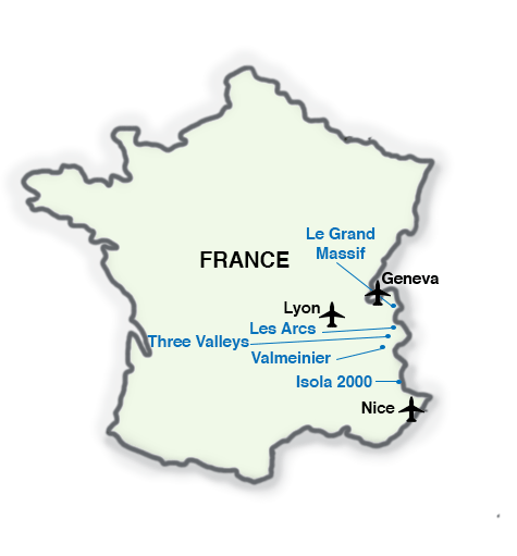 Map of French ski resorts for PGL school ski trips